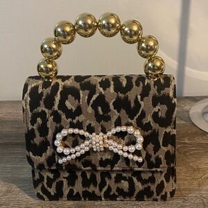 Shiraleah NWT Leopard Maude Mini Top Handle Bag Satchel Gold Pearl Details